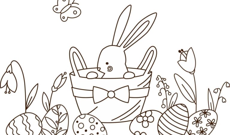 Easter bunny with basket and eggs coloring page