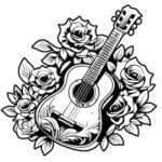 detailed guitar with rose coloring pages_7943